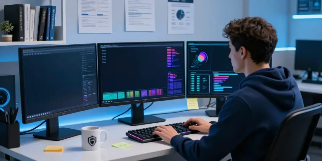 Cybersecurity blog analyst in a high-tech workspace analyzing threats on multiple screens.
