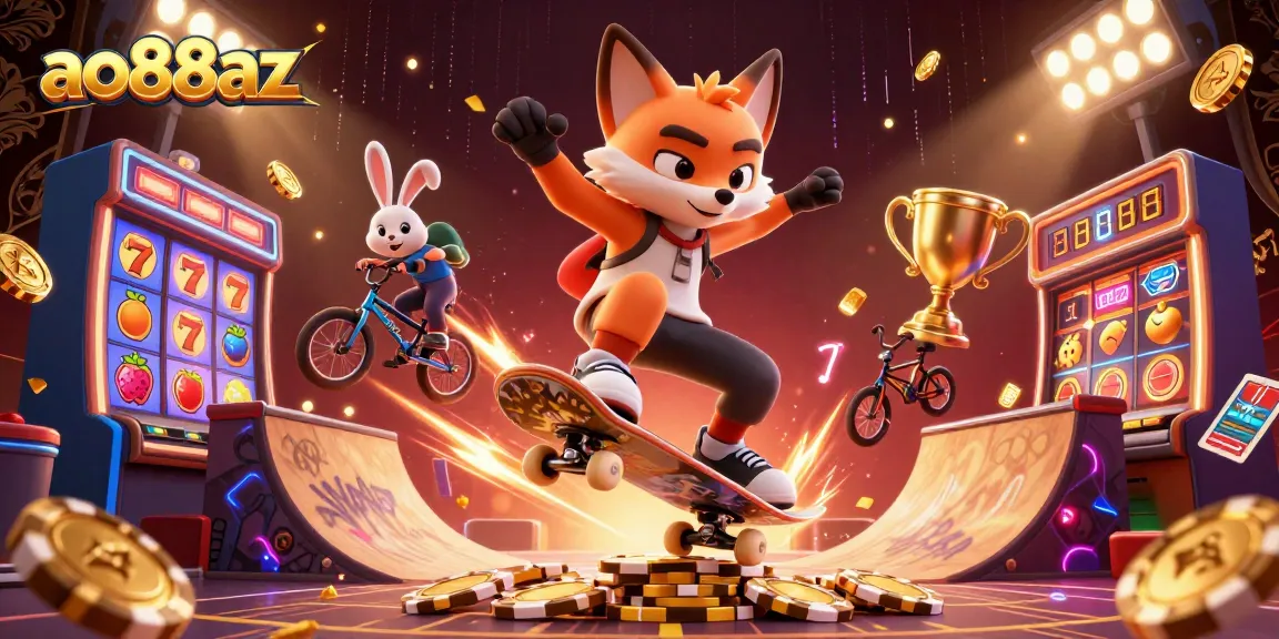 Experience thrilling gameplay at ao88az as a fox skateboards over poker chips surrounded by dynamic casino elements.