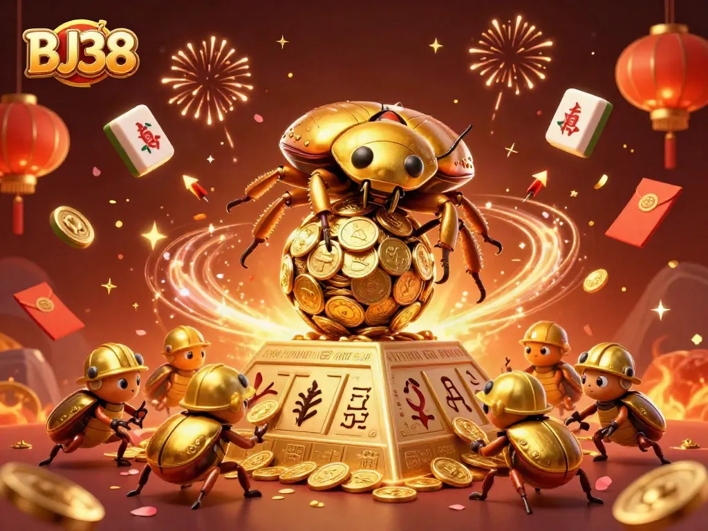 Engage in thrilling casino adventures with BJ38 as lucky symbols and golden treasures abound in this vibrant illustration.
