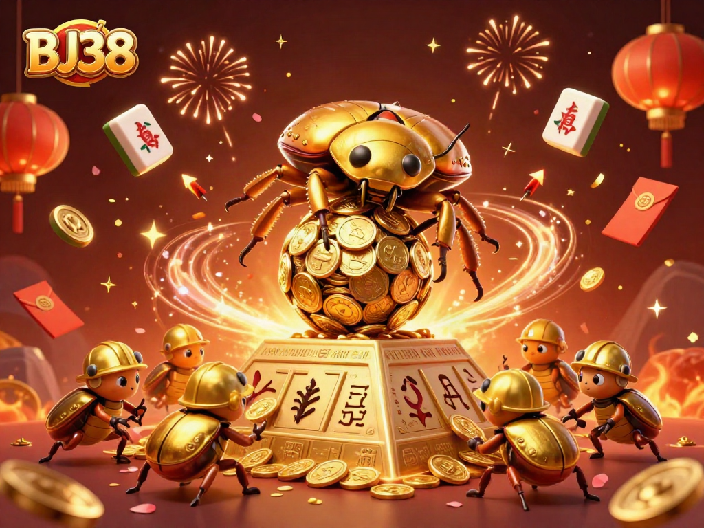 Engage in thrilling casino adventures with BJ38 as lucky symbols and golden treasures abound in this vibrant illustration.