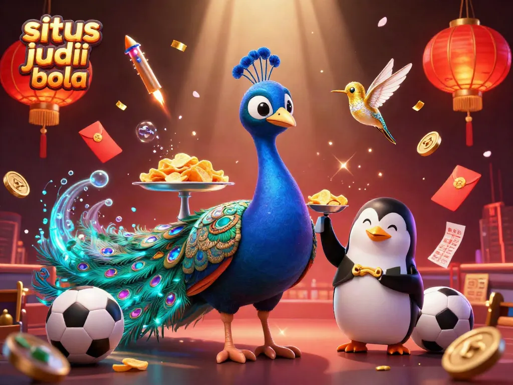 Engage in situs judi bola betting with a vibrant 3D scene of a peacock, penguin, and hummingbird.