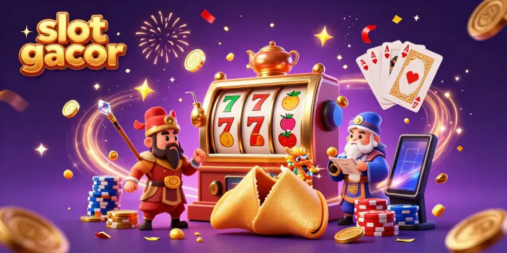Experience thrilling slot gacor gameplay with this vibrant 3D illustration showcasing lucky reels and fortune elements.