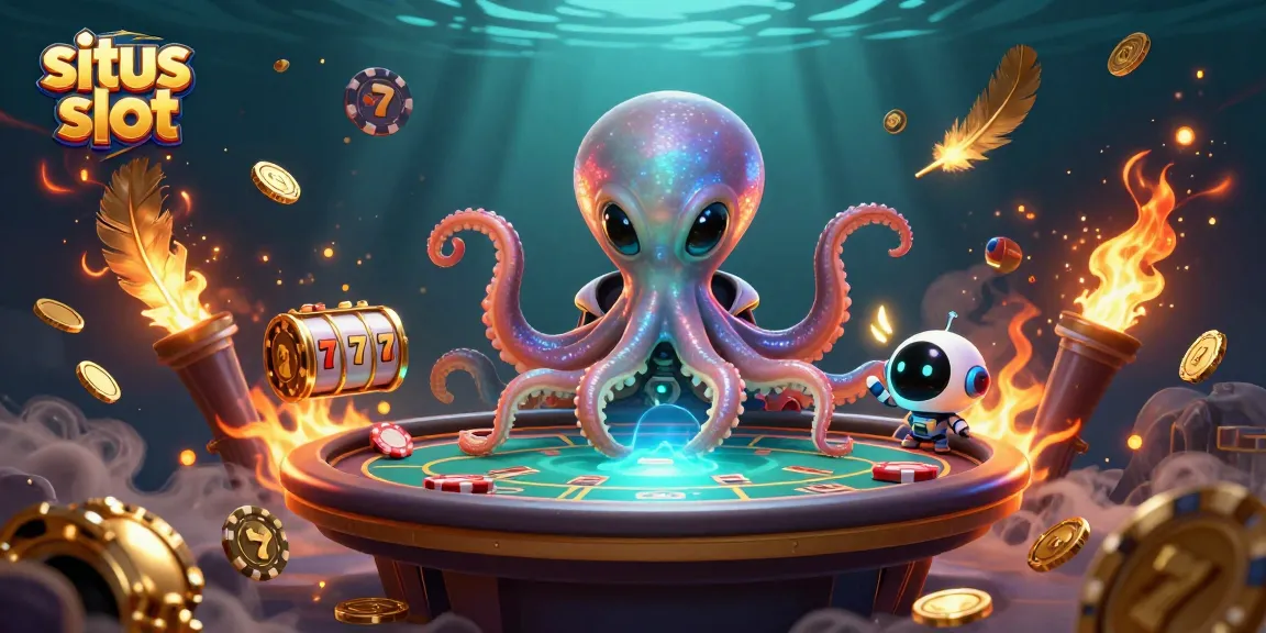 Engage with situs slot through a vibrant scene of an alien octopus at a holographic poker table with swirling slot elements.