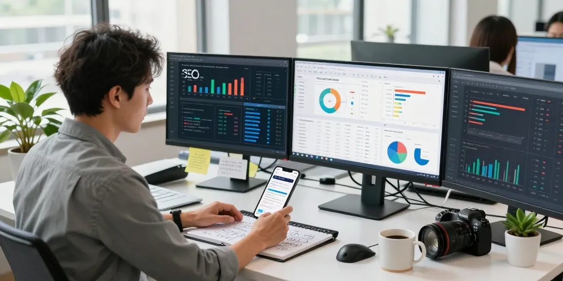seanbowieforaz analyzing data in a modern digital marketing office with SEO metrics and strategies