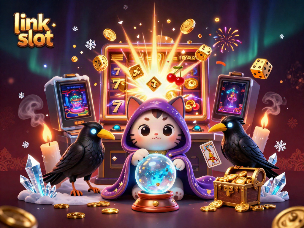 Experience the thrill of link slot games with vivid illustrations of jackpots and mystical characters.
