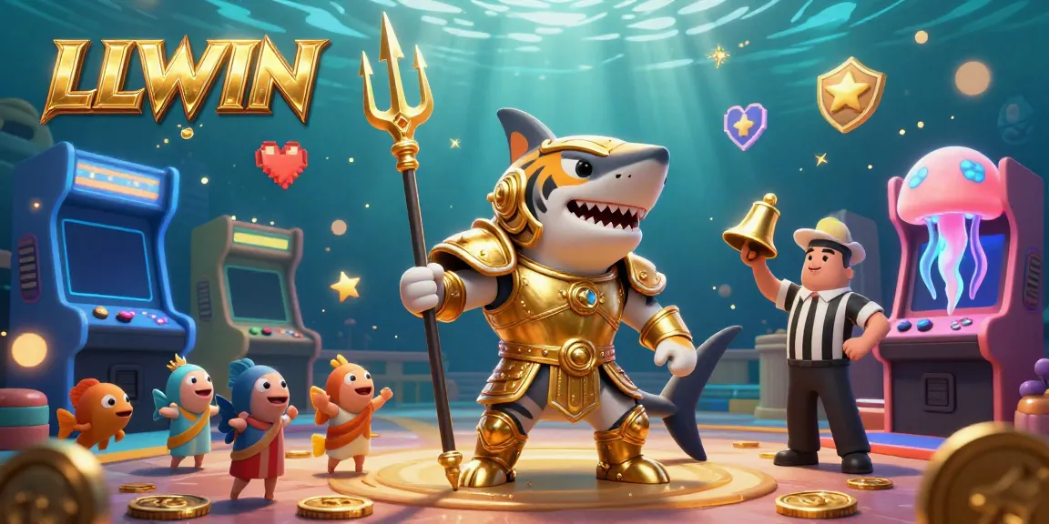 Experience LLWIN's underwater casino with a shark gladiator and gaming elements in a dynamic 3D scene.