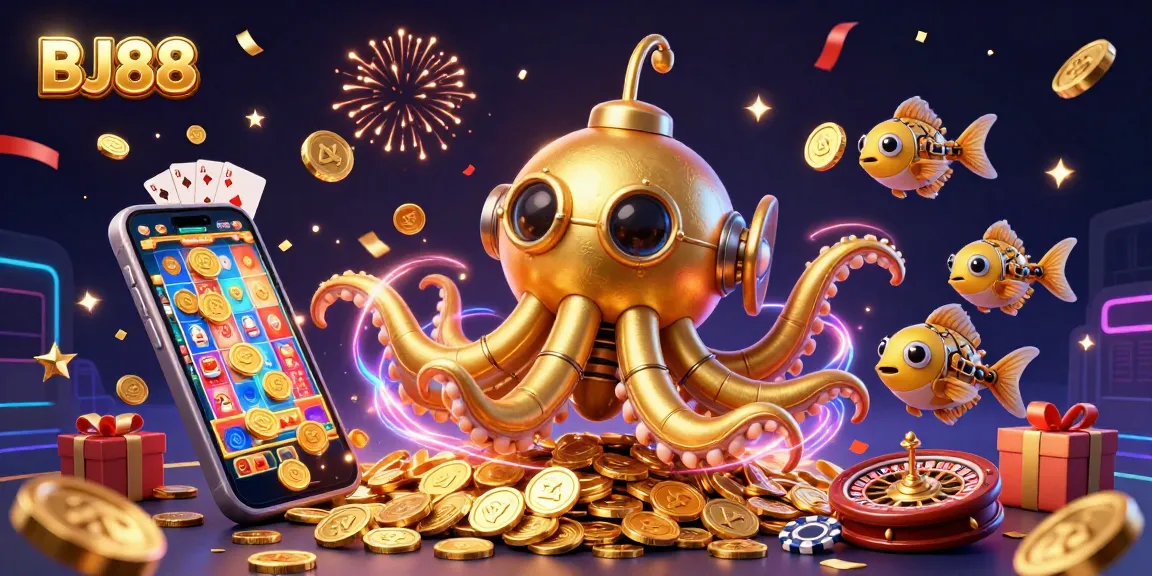 Spin colorful slot games with BJ88 amidst golden coins and festive elements.