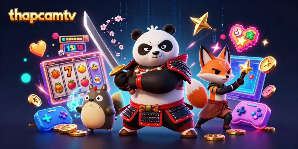 Engage with thapcamtv through vibrant cartoon-style casino characters surrounded by jackpot reels and magical elements
