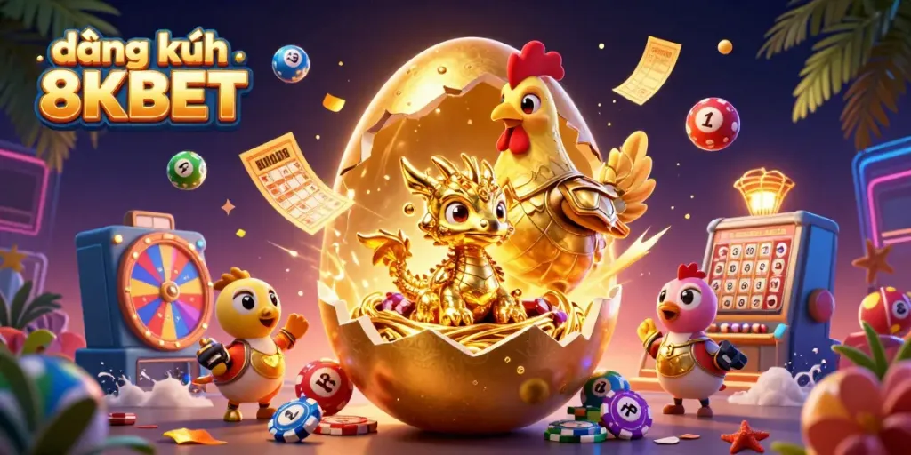Experience the excitement of đăng ký 8KBET with a dazzling scene of a golden dragon, poker chips, and festive casino elements.