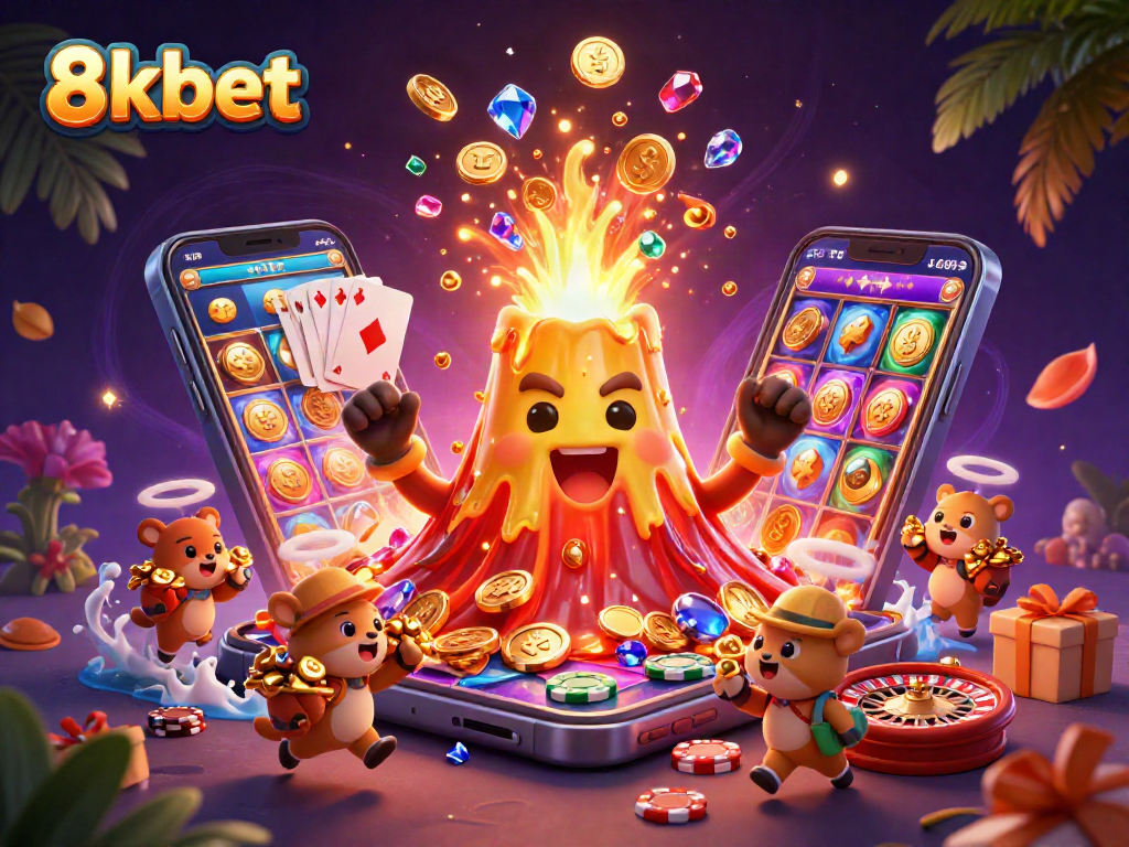 Experience thrilling gameplay at 8kbet with a vibrant 3D casino scene bursting with treasure.
