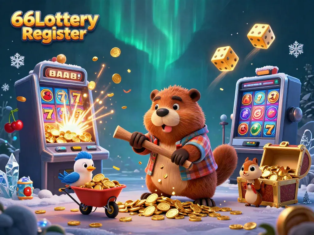 Win big with 66Lottery Register - a vibrant scene of a beaver, bird, and squirrel surrounded by casino elements.