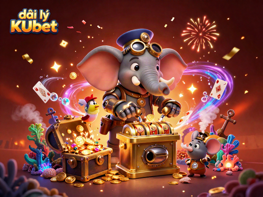 Engaging scene of đại lý KUbet with a cartoon elephant enjoying a golden slot machine amidst vibrant casino elements.