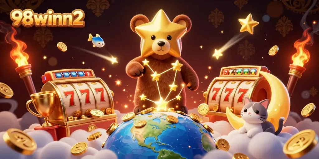 Play exciting games at 98winn2 with golden constellation bear collecting winnings amidst thrilling casino elements.