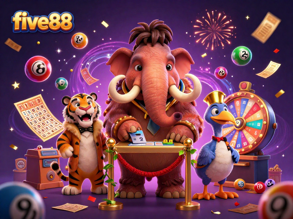 Experience excitement at five88 with vibrant lottery elements and unique characters welcoming players.