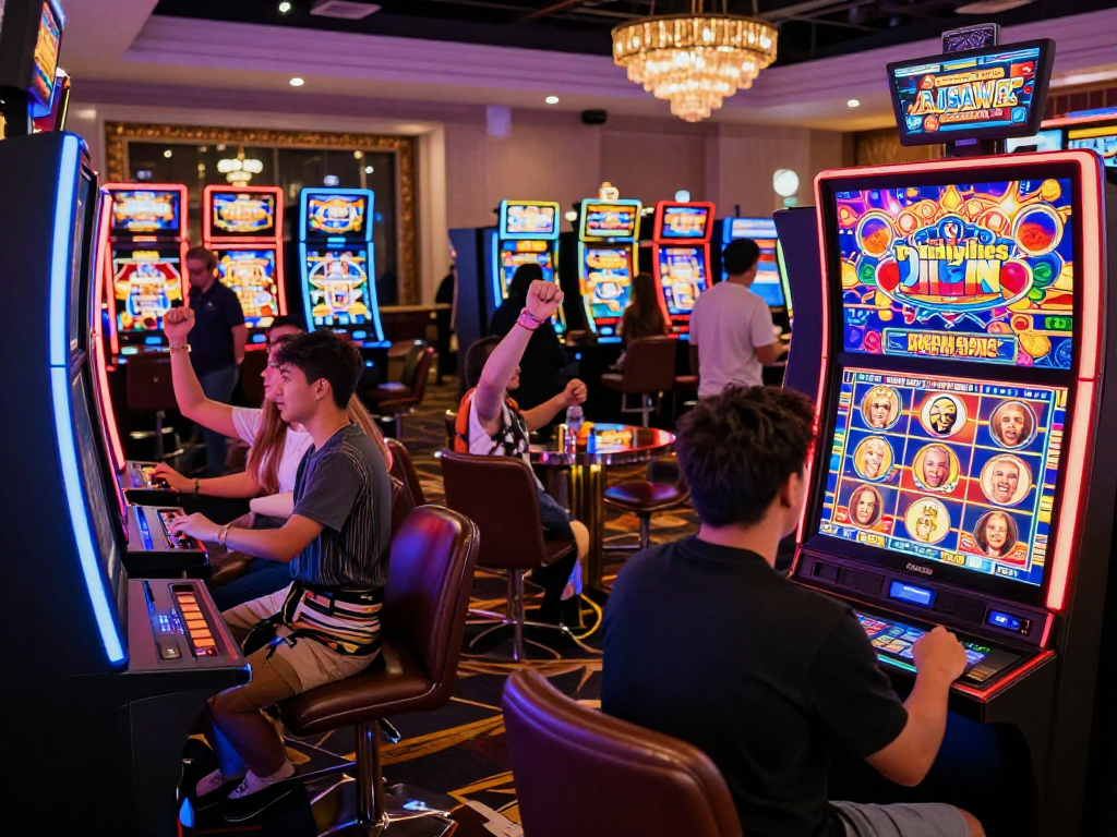 Excited players celebrating a slot jackpot win at a colorful casino.