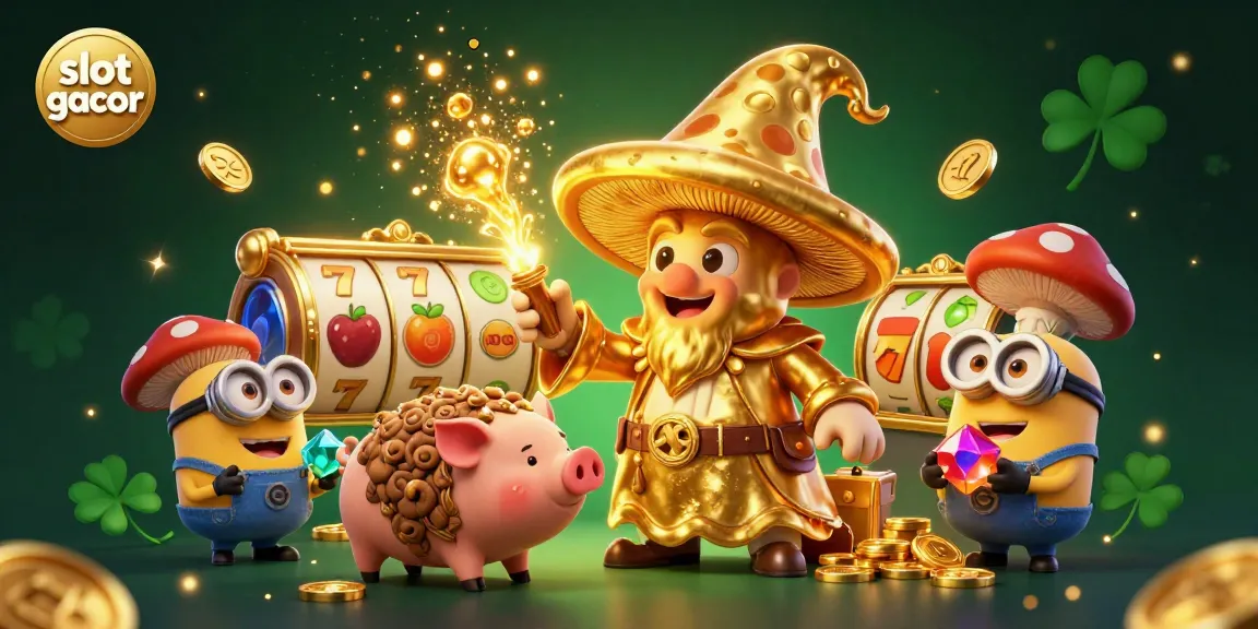 Engage in the excitement of slot gacor with a whimsical wizard and treasure-hunting pig amidst vibrant casino elements.