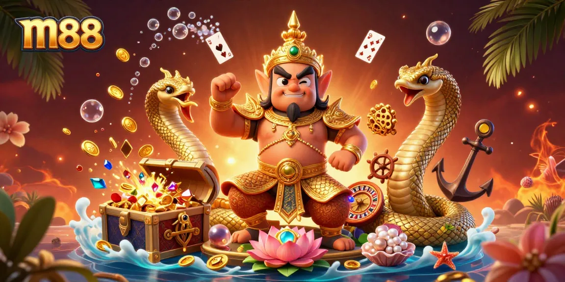 Bet big with m88 as vibrant casino elements blend with enchanting Thai characters in a lively gaming scene