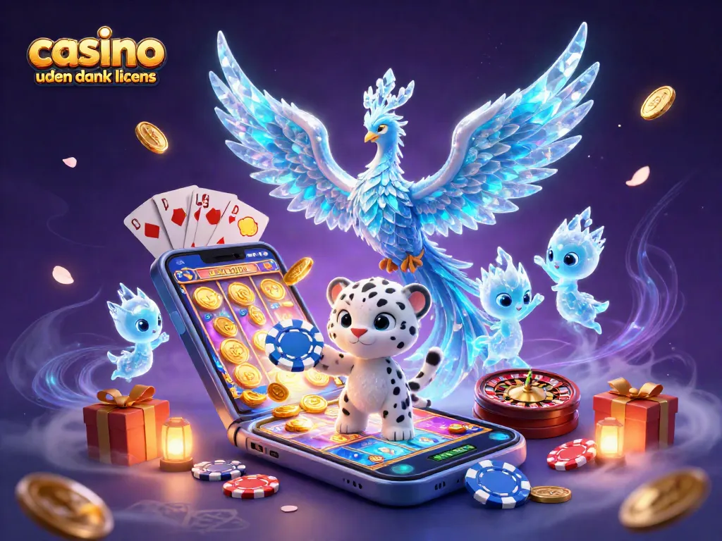 Experience the excitement of casino uden dansk licens with an enchanting 3D scene featuring abstract characters and games.