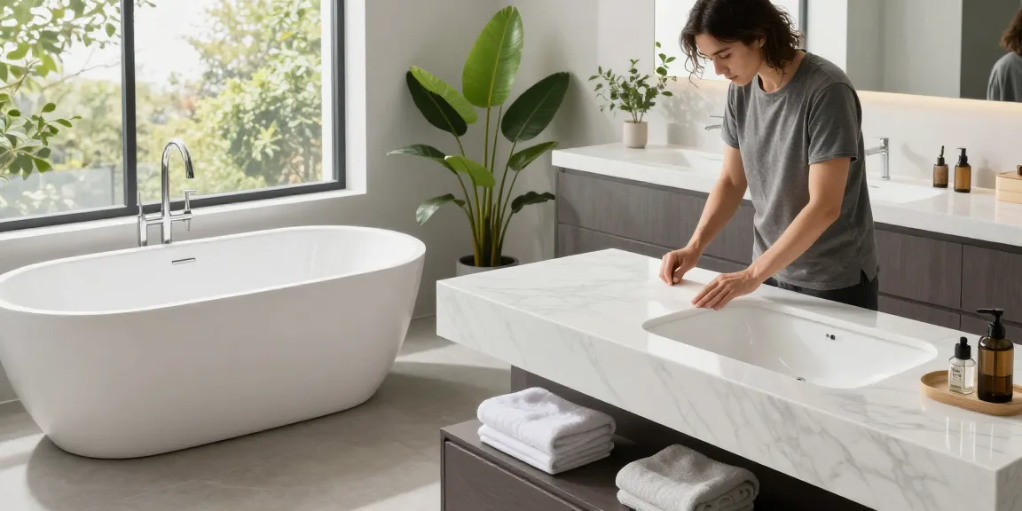 Stylish bathroom features KingKonree solid surface countertops and freestanding bathtub, showcasing luxury and hygiene.