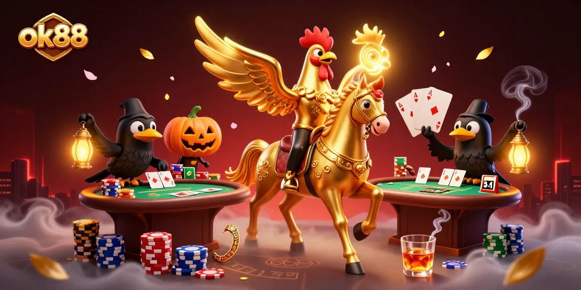 Players navigate the vibrant ok88 casino, strategizing around poker tables filled with colorful chips.