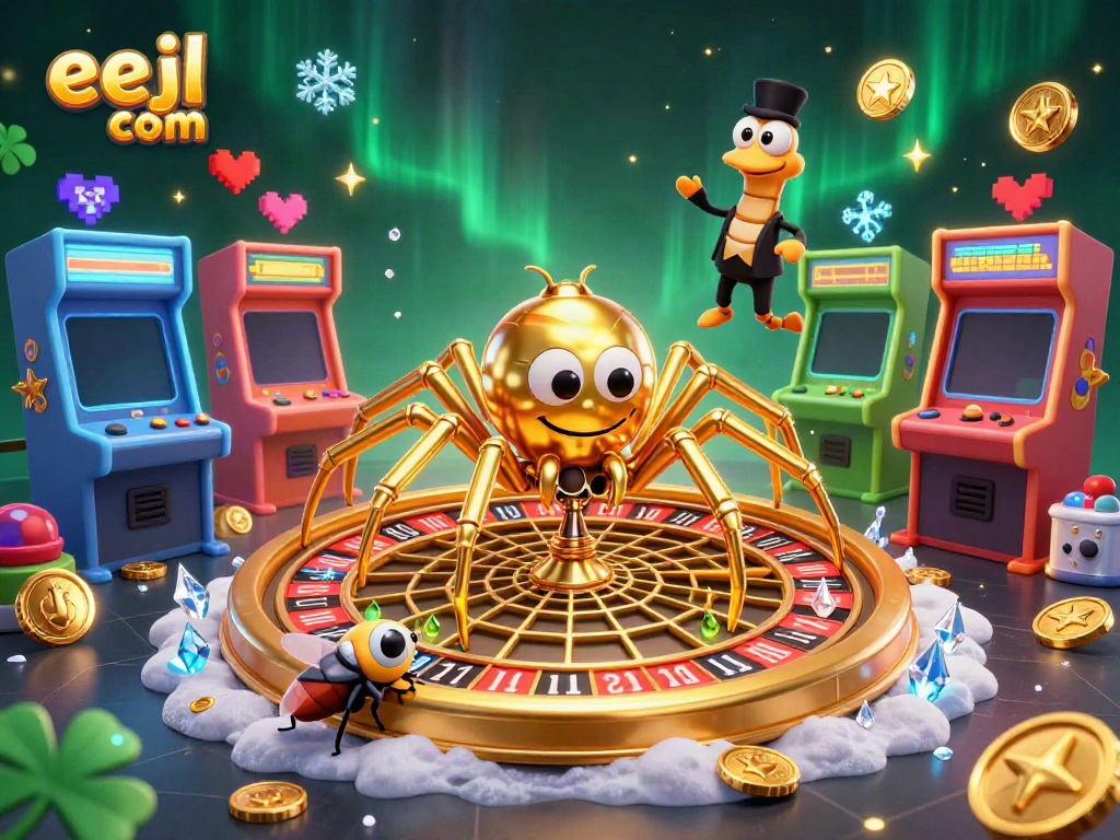 Experience excitement with eejl com in a vibrant casino scene, featuring a golden spider and colorful elements.