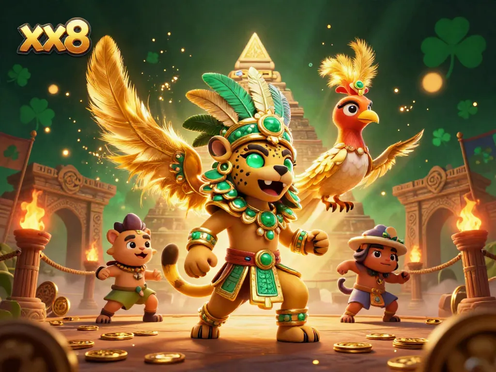 Experience the thrill of gambling with xx8 in a vibrant 3D illustration featuring a Mayan jaguar priest and quetzal bird.