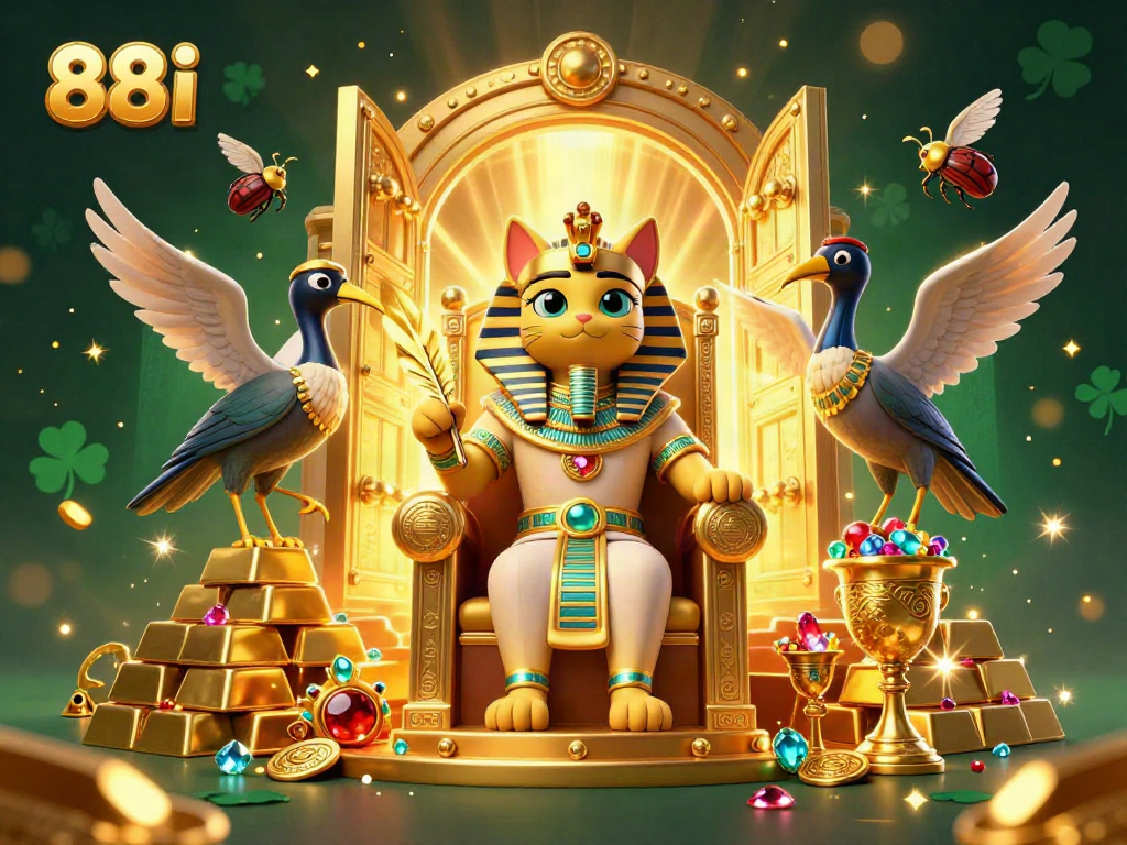 Play slots and win at 88i with a pharaoh cat in a golden casino setting.