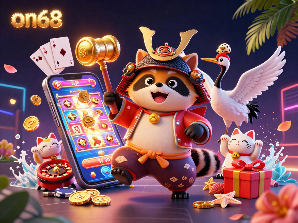 Enjoy casino fun with on68's colorful characters and slots in a vibrant 3D illustration.