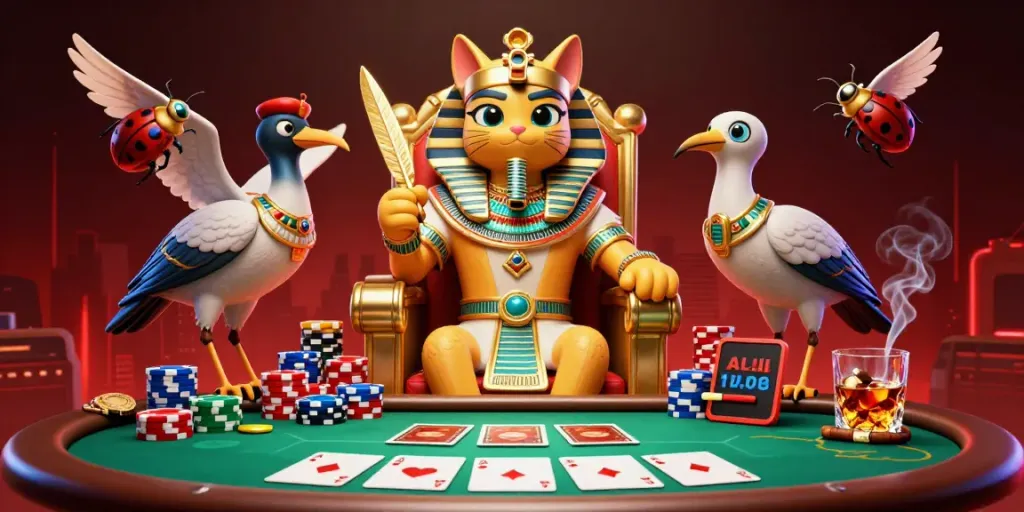 DA88 captivates gamblers with a vibrant 3D scene of a pharaoh cat and poker elements.