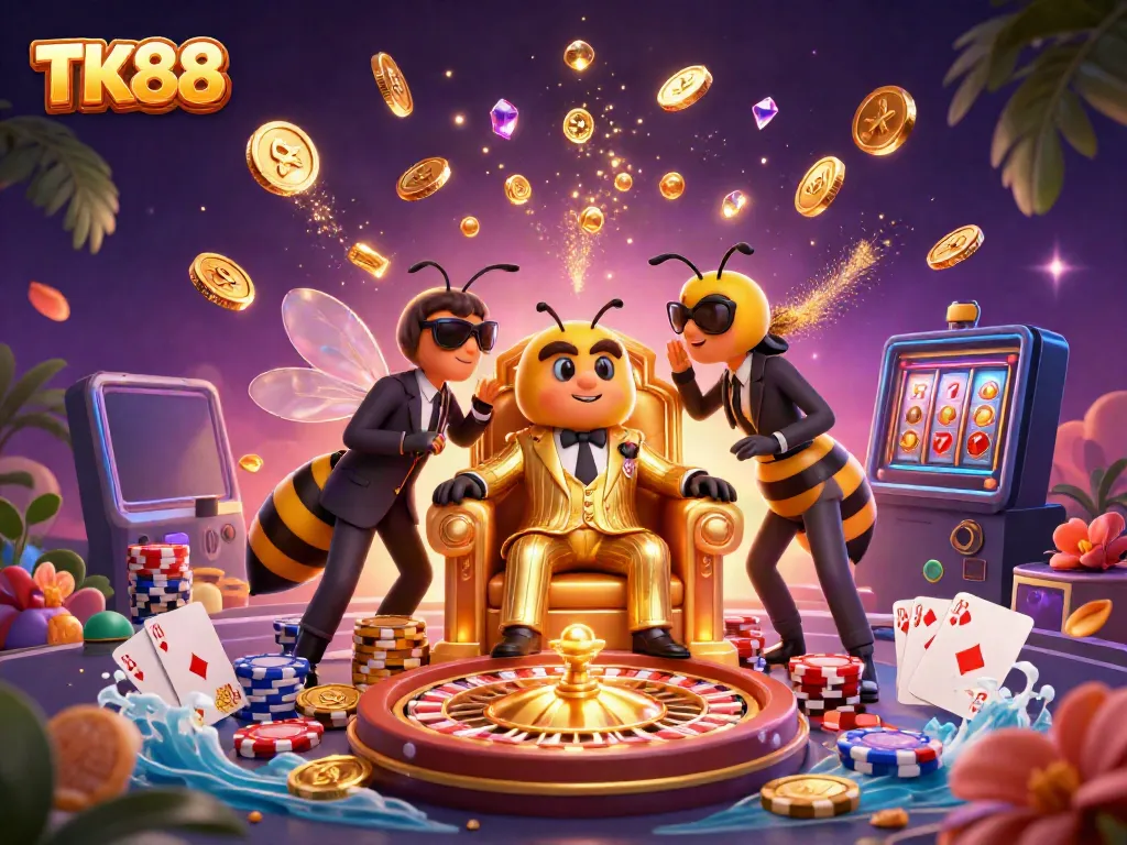 Experience the excitement of TK88 with a dynamic illustration of a bumblebee mob boss surrounded by casino elements.