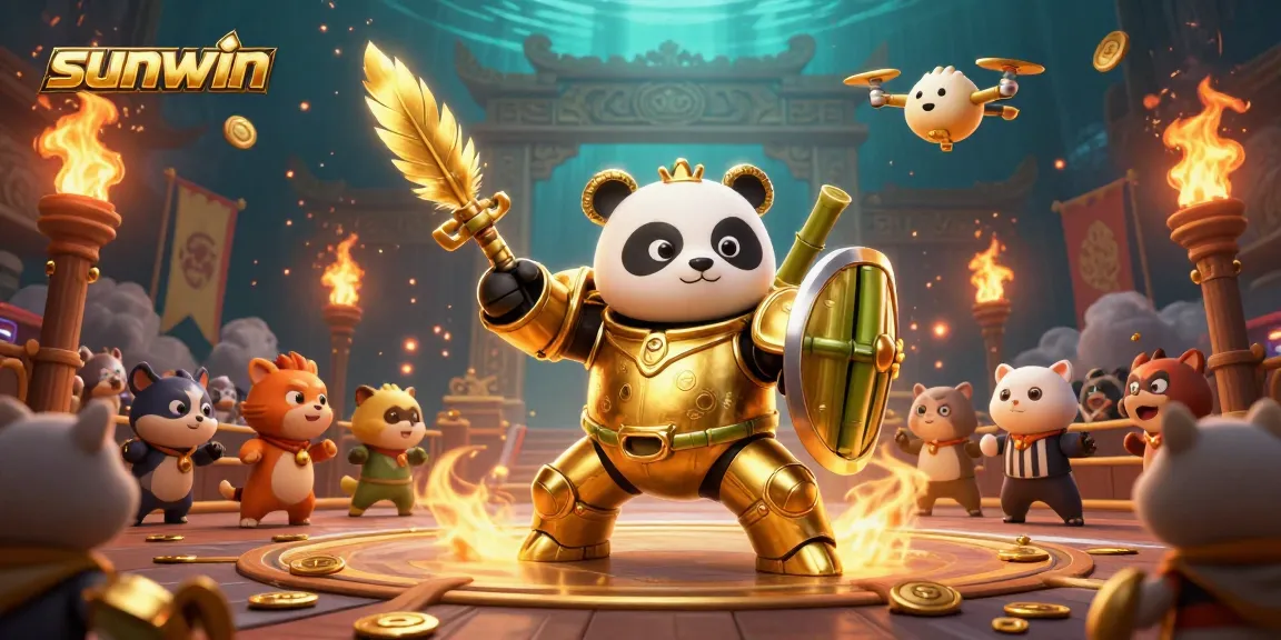 Engage with sunwin's thrilling gaming environment featuring animated golden panda and robot duel.