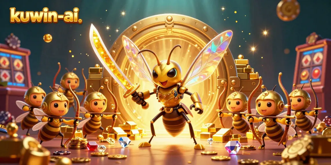 Kuwin-ai showcases an engaging 3D cartoon scene with a samurai hornet and bee archers amid vibrant casino elements.