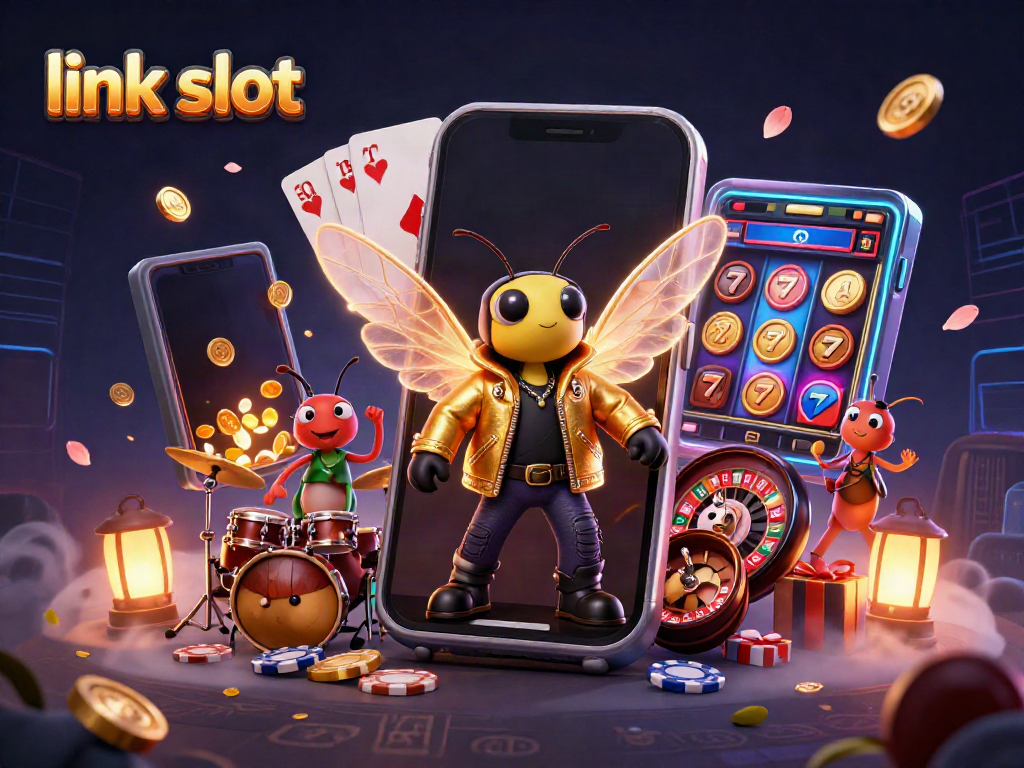 Experience the excitement of link slot games with dynamic visuals, including a rock star cicada and lively casino elements.