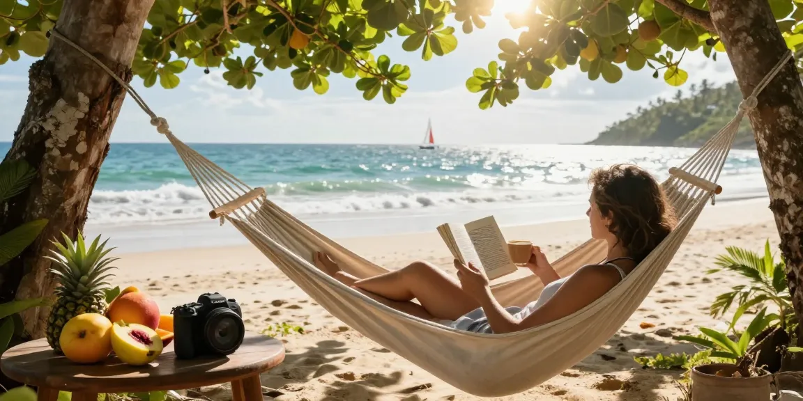 Motchill relaxation scene featuring a person in a hammock with tropical setting, enjoying leisure time with a book and drinks.