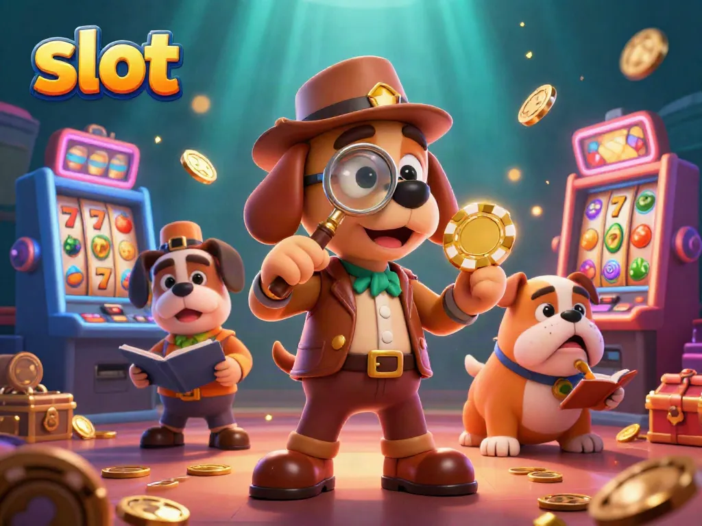 Spin the slot reels with a detective and bulldog as they uncover clues in a vibrant casino scene.