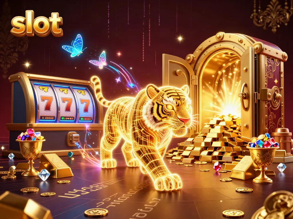 Experience thrilling slot action with a digital tiger and dazzling jackpot symbols in a vibrant casino scene