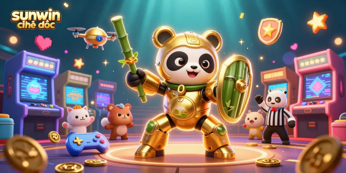 Action-packed 3D illustration showcasing sunwin chính thức, featuring a panda in a gaming arena.