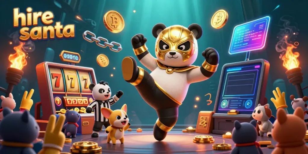 Hire Santa with animated characters and slot machine symbols capturing festive excitement