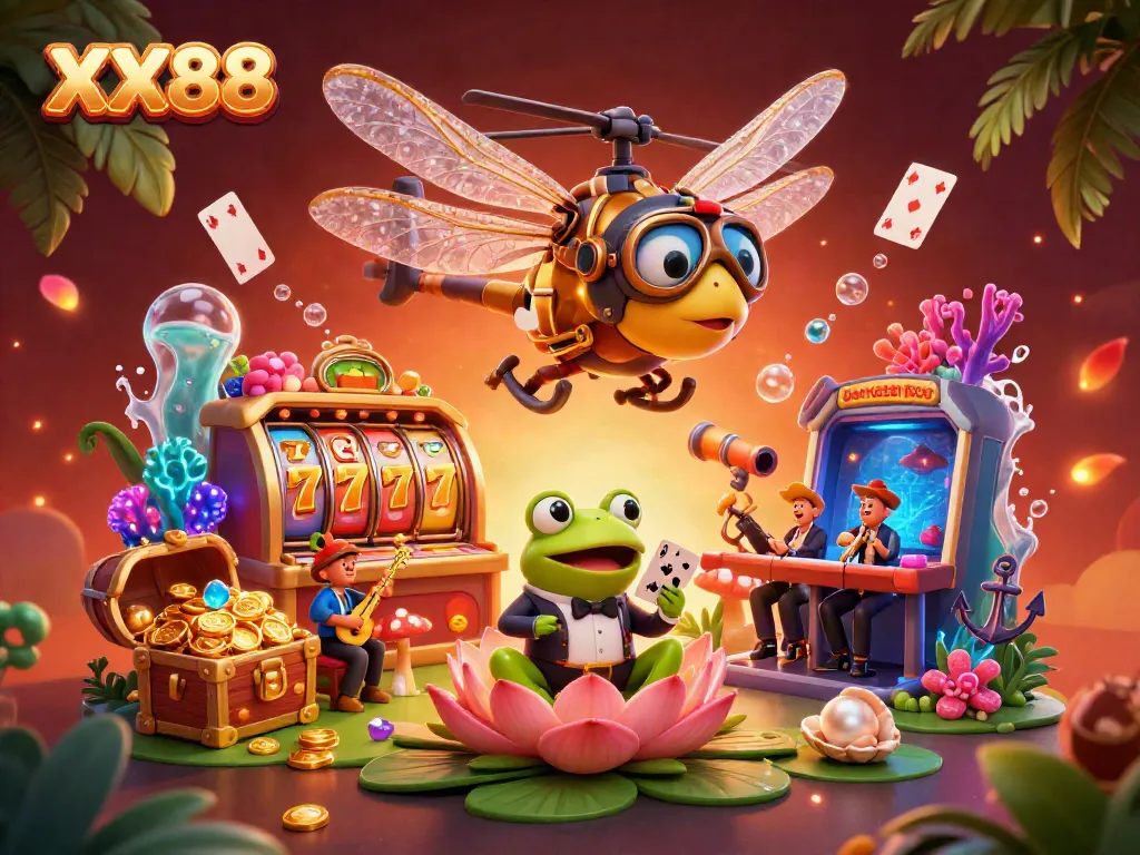 Experience thrilling games at XX88 with a dragonfly pilot and frog croupier in a vibrant casino.