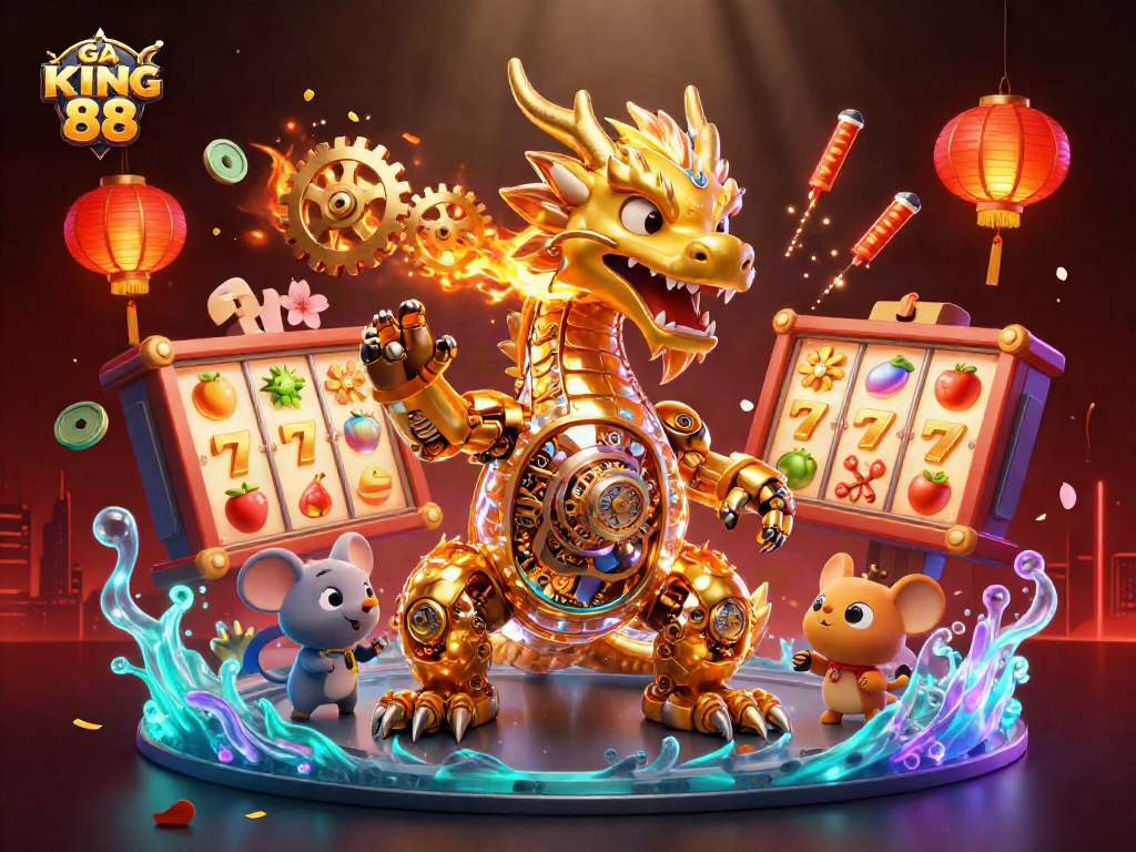 Experience thrilling gameplay at GÀ KING 88 with vibrant slot reels and golden dragon in action.