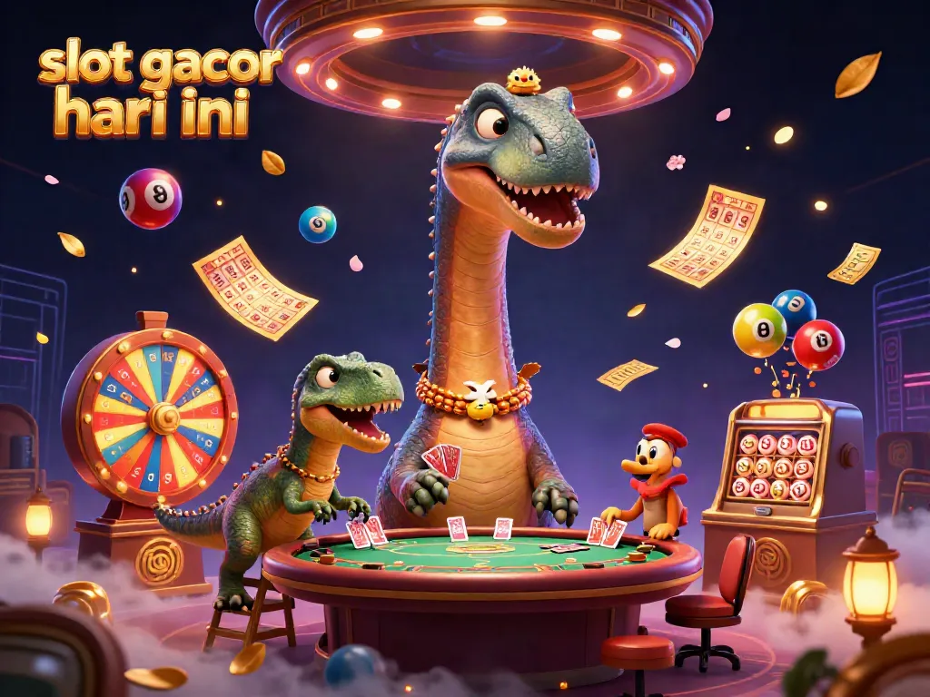 Experience the thrill of slot gacor hari ini with a whimsical casino scene featuring a brontosaurus and raptor dealing cards.