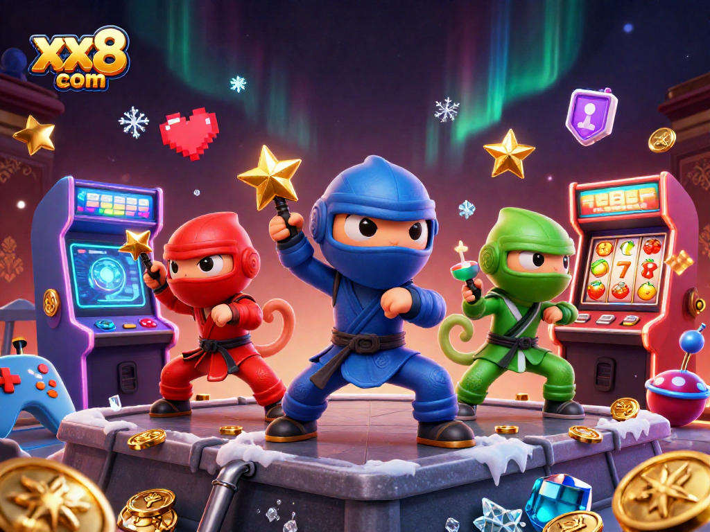 Engage with xx8 com's vibrant 3D illustration showcasing a ninja chameleon team amid casino slots.
