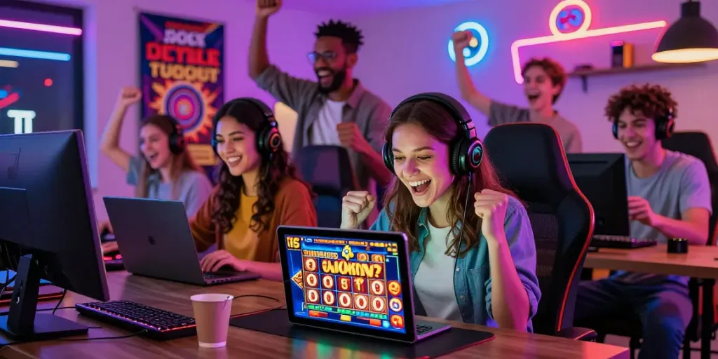 Excited players engaging with modern slot games on various devices, celebrating wins in a vibrant gaming environment.