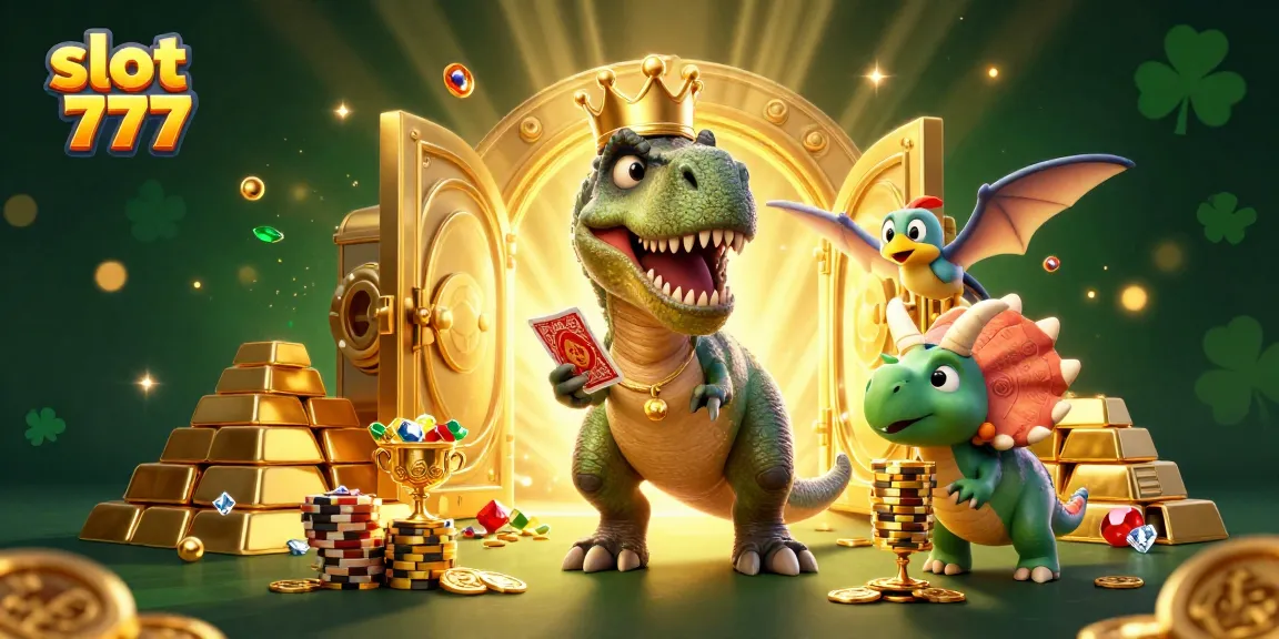 Experience thrilling fun with slot 777 as cartoon dinosaurs shuffle cards and stack winnings.