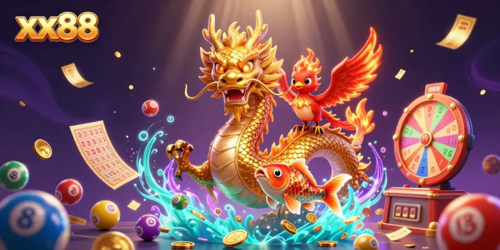 Experience exciting lottery dynamics with xx88's vibrant scene of a dragon and phoenix.