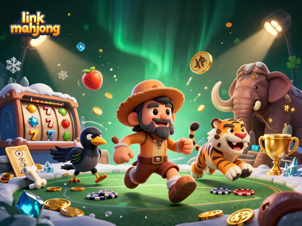 Experience link mahjong excitement with a lively prehistoric casino scene featuring engaging characters and dynamic gambling elements.