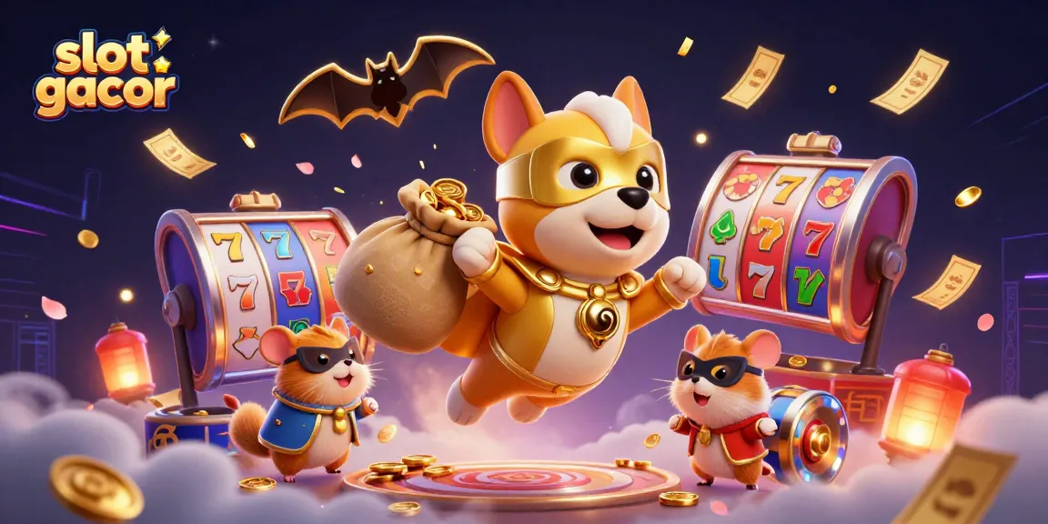 Experience slot gacor thrills with a superhero dog and his hamster sidekick amidst dynamic casino elements