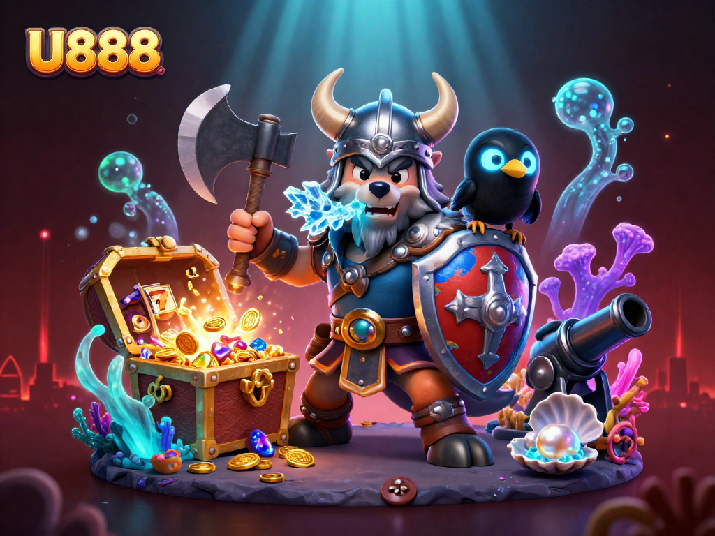Experience thrilling gameplay with U888 featuring a Viking warrior, dragon, and exciting slots.