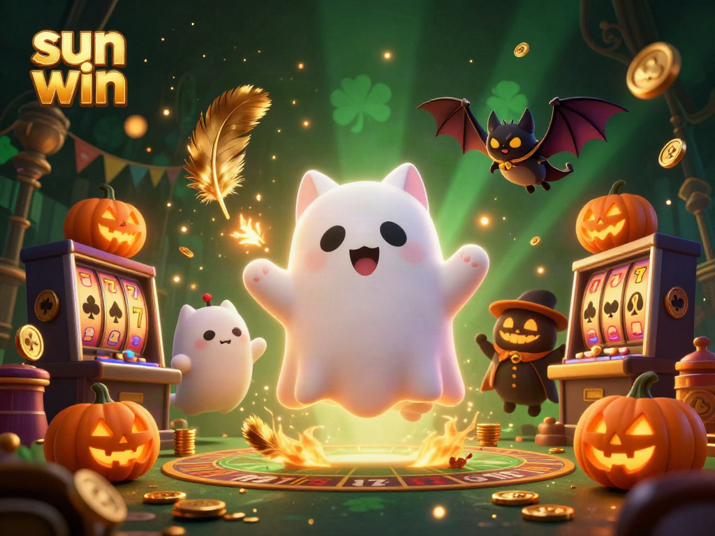 Engage in the thrills of sun win at a haunted casino featuring phantom cats and glowing jack-o-lanterns.