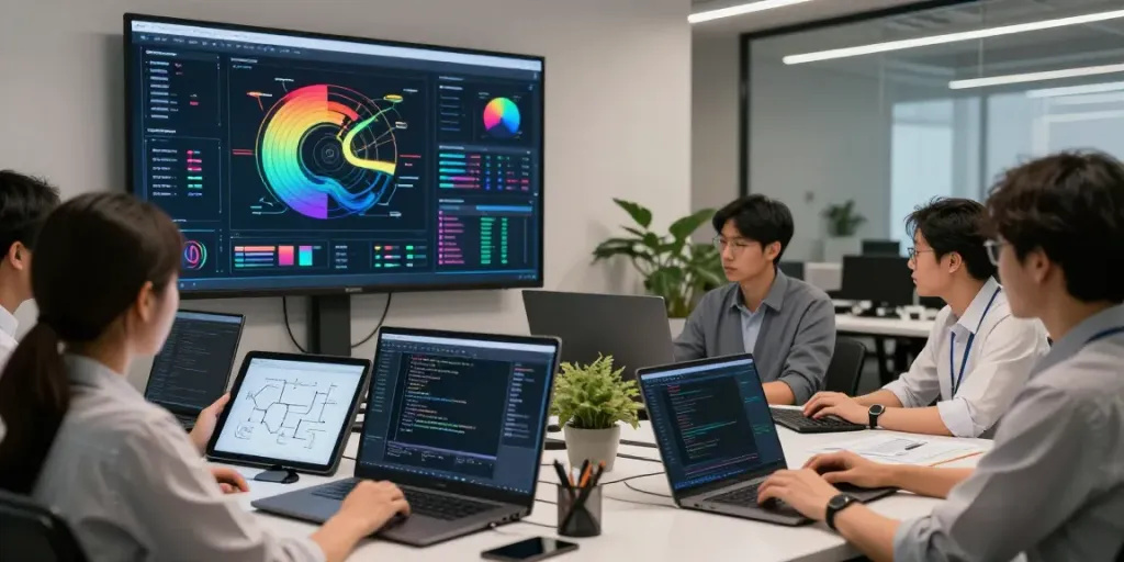 Data scientists collaborating on Enterprise AI models in a modern office.
